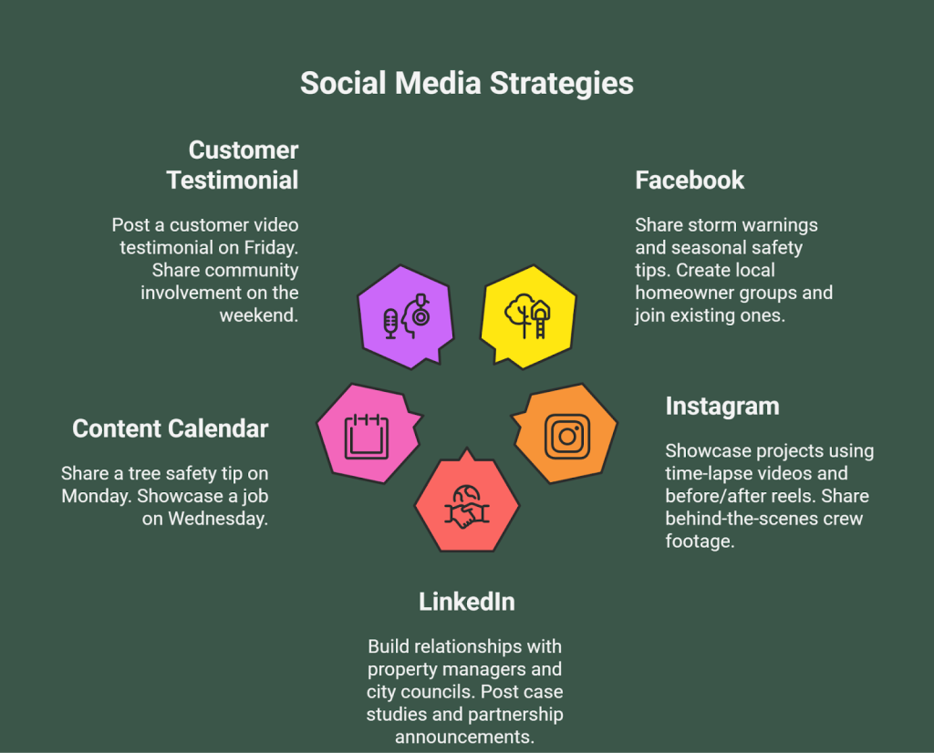 Social media strategies for tree service companies showing tips for Facebook, Instagram, LinkedIn, customer testimonials, and a content calendar.